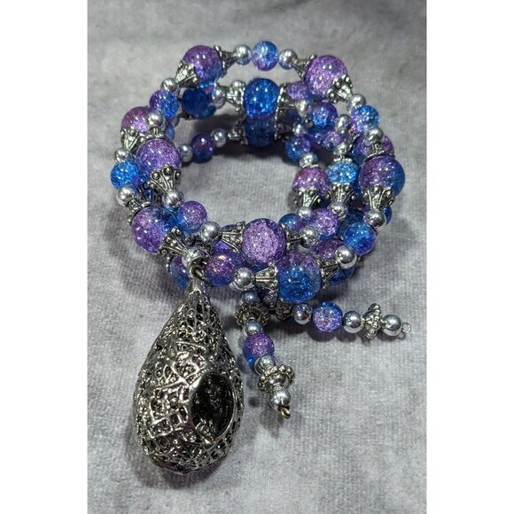 Handmade Fairycore Bird's Nest Blue And Purple Beaded Coil Bracelet - Picture 5 of 8
